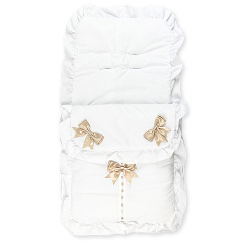 white footmuffs with beige bows