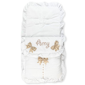 unisex white and beige footmuff personalised