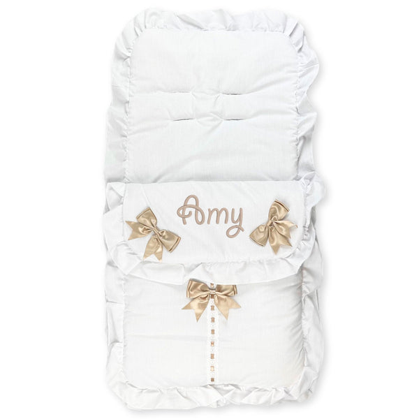 unisex white and beige footmuff personalised