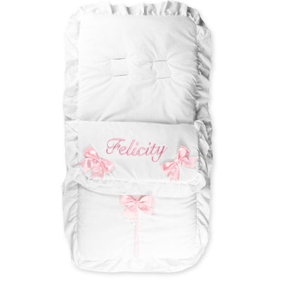 Personalised White Cosy Toes / Footmuff - With Pink Bows