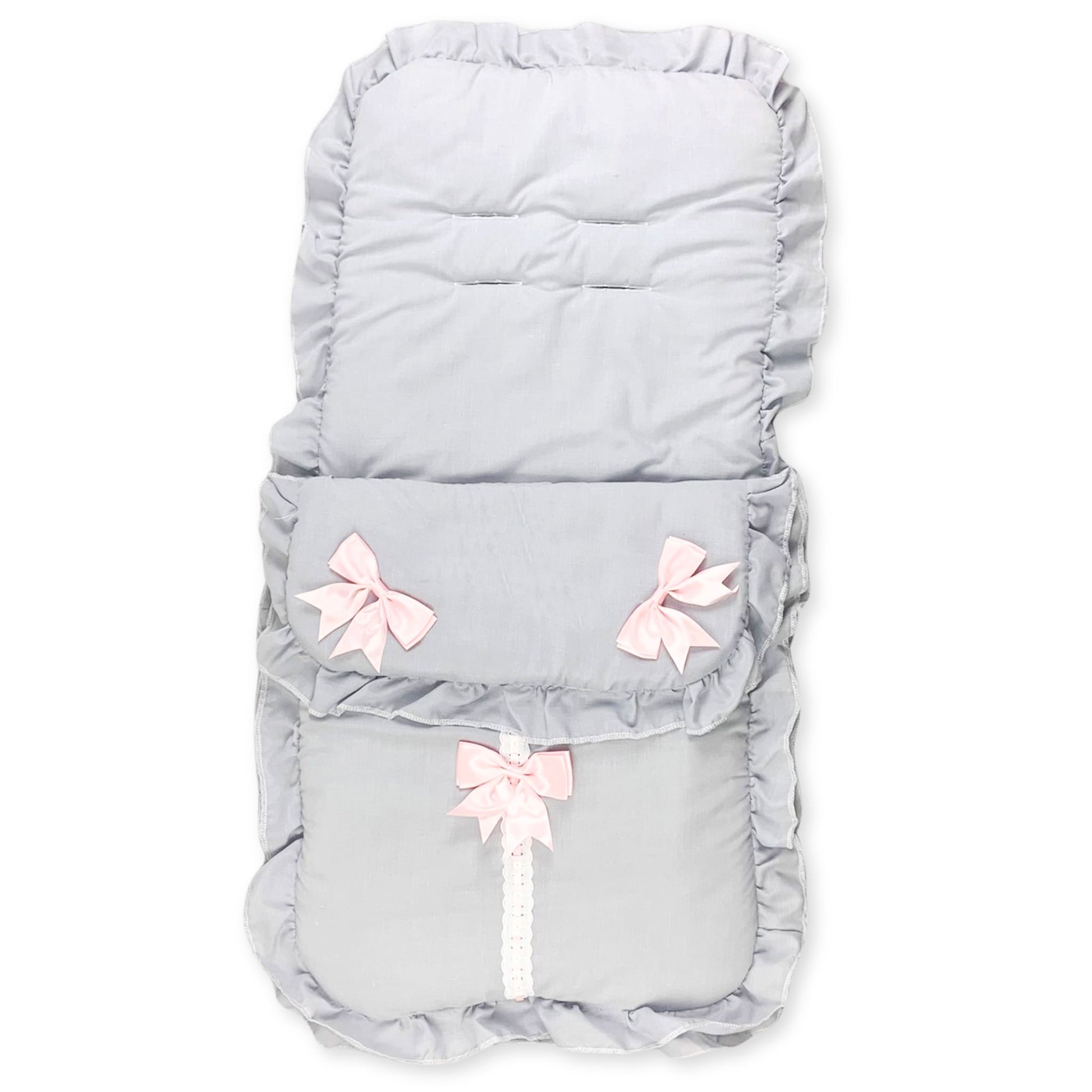 baby girls grey and pink three bow footmuff
