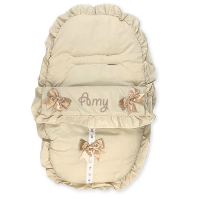 Personalised Beige Car Seat Cosy Toes / Footmuff with Beige Bows