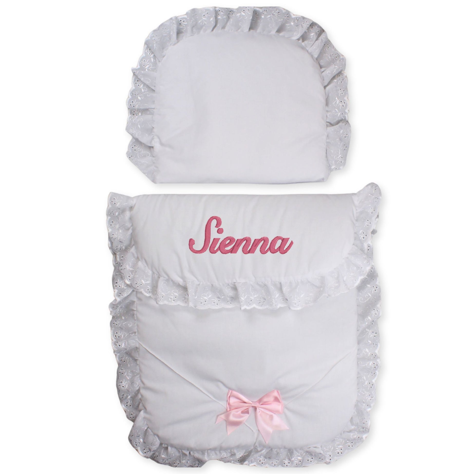 baby girls white pramset with pink bow