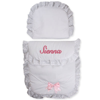 Personalised Pram Set - Quilt & Pillow - White / Pink