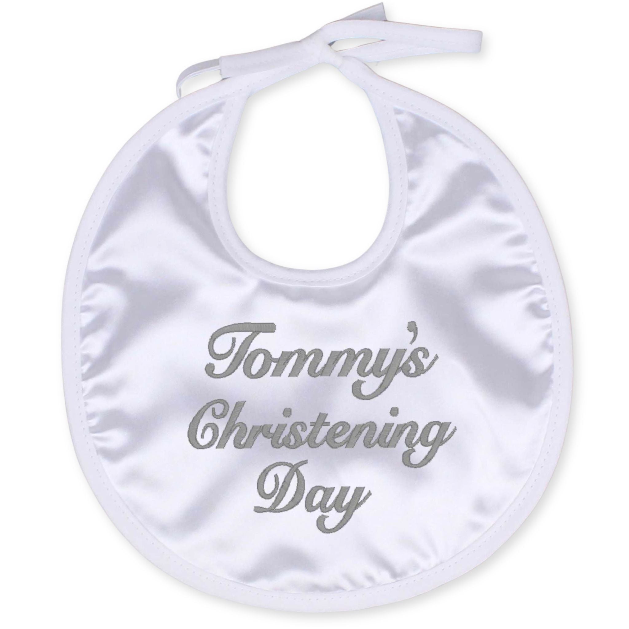 personalised christening bib satin white