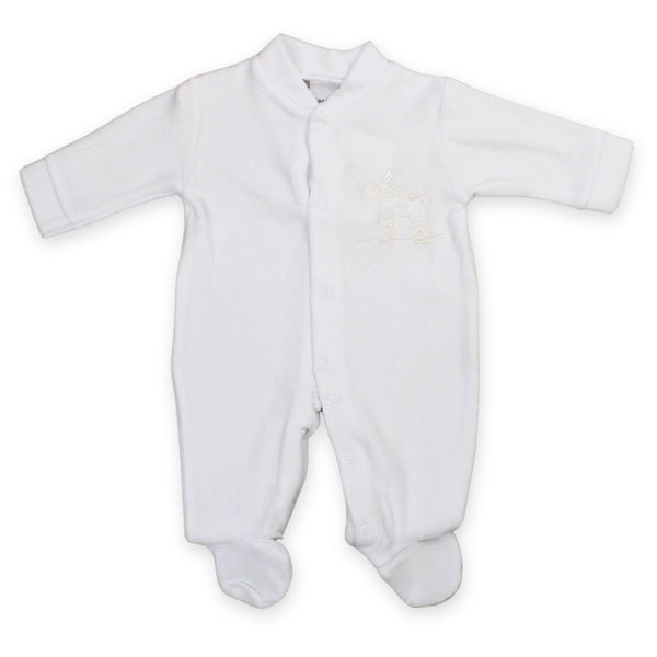 baby unisex velour white sleepsuit
