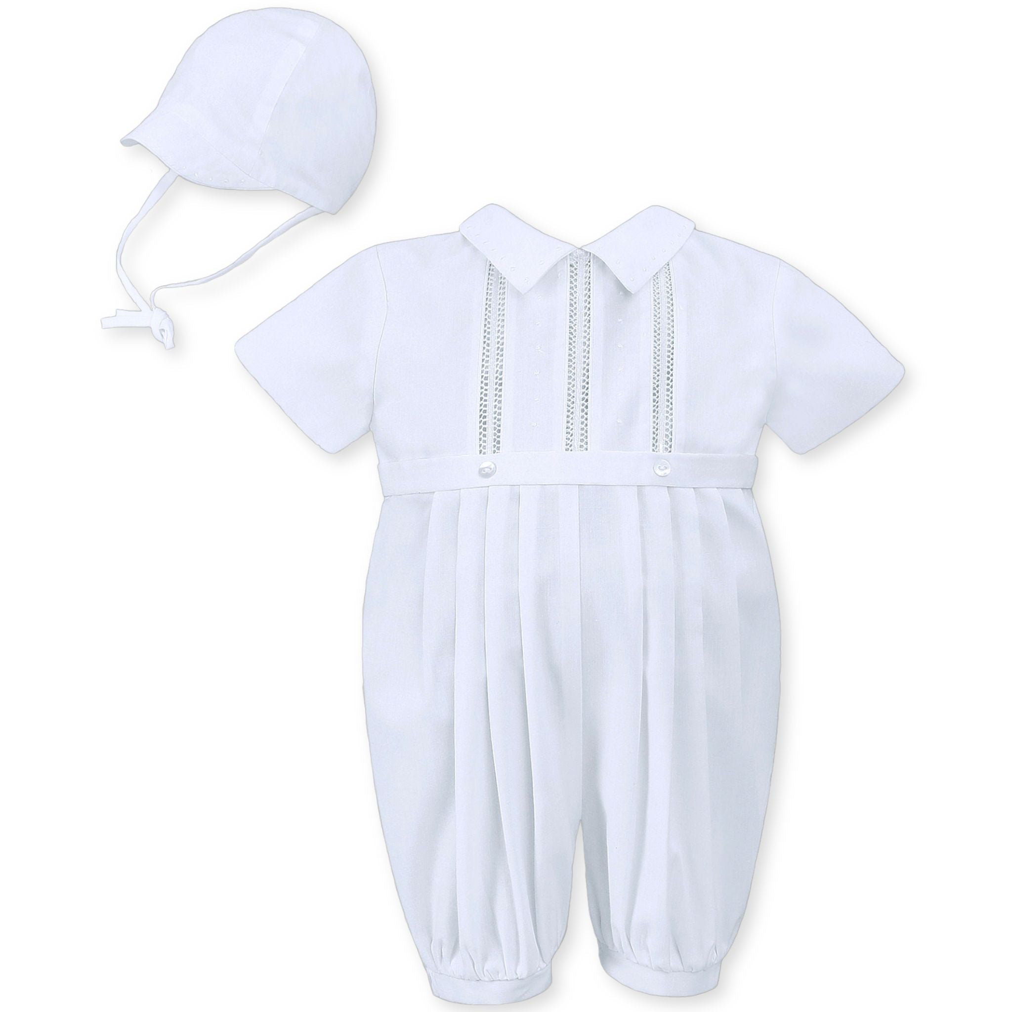 baby boys christening romper and hat in white
