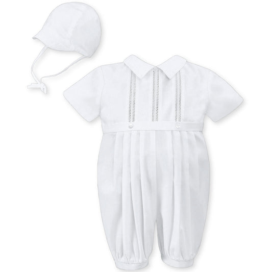 baby boys christening romper and hat in white