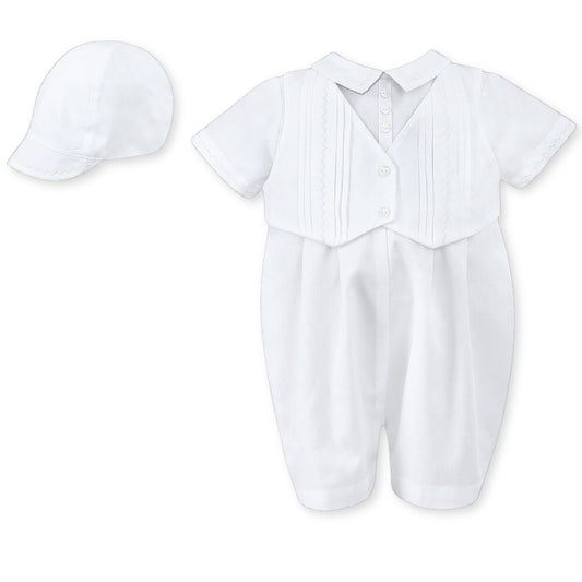 Baby Boy Christening Romper with Hat - White - Sarah Louise 002210
