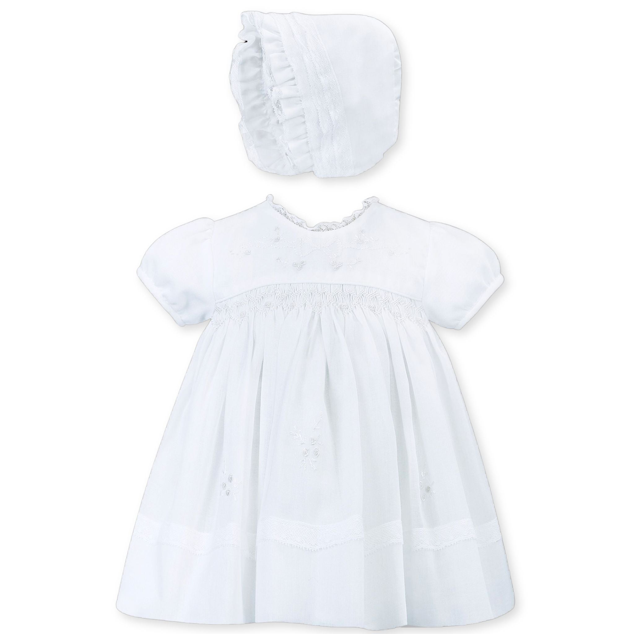 baby girls christening dress with smocking and bonnet in white