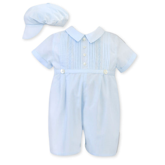 baby boys blue christening romper with matching cap
