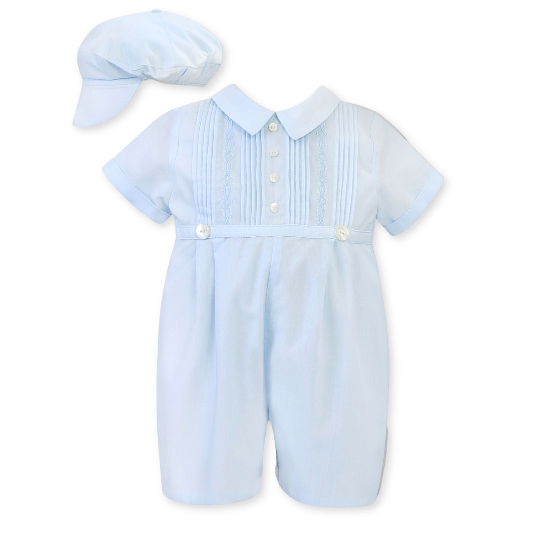baby boys blue christening romper with matching cap