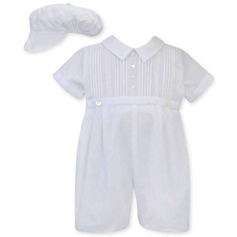 baby boys christening romper with matching cap white