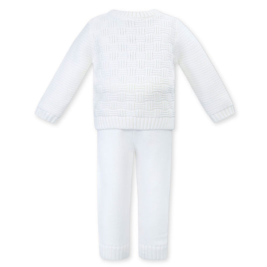 baby unisex knitted outfit with shirt and trousers white
