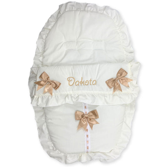 beige footmuff with bows personalised