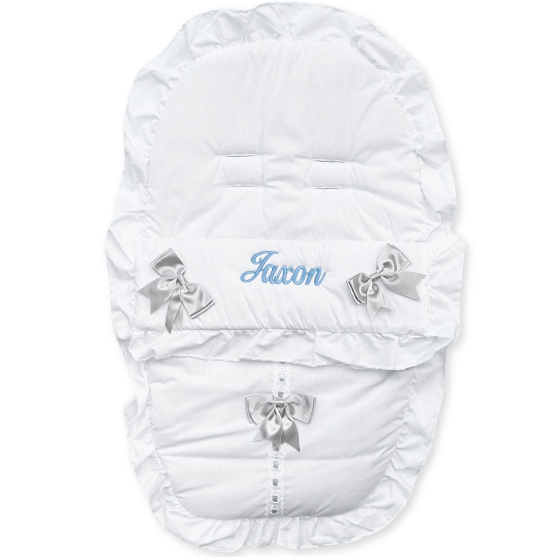 Personalised White Car Seat Cosy Toes Footmuff with Grey Bows