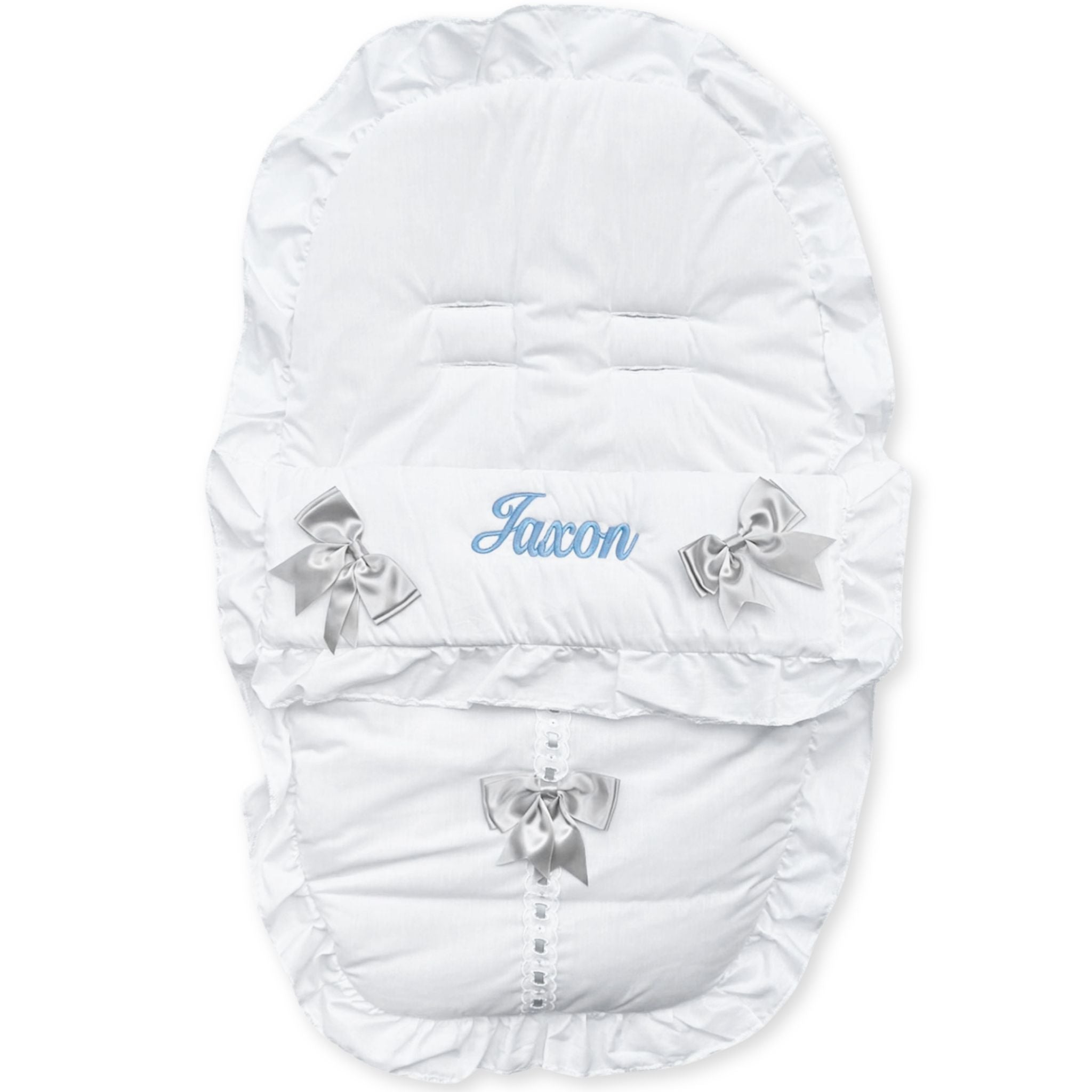 personalised car seat footmuff cosytoes white with grey boes