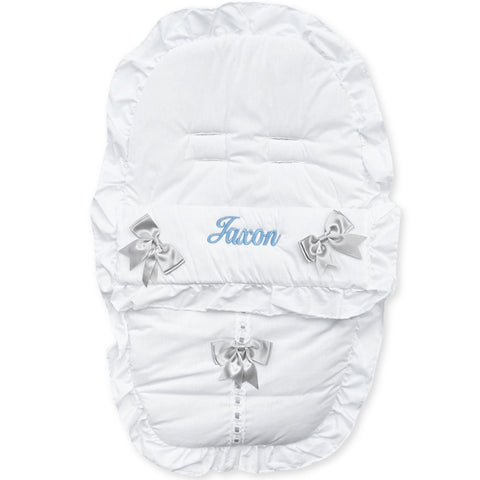 personalised car seat footmuff cosytoes white with grey boes