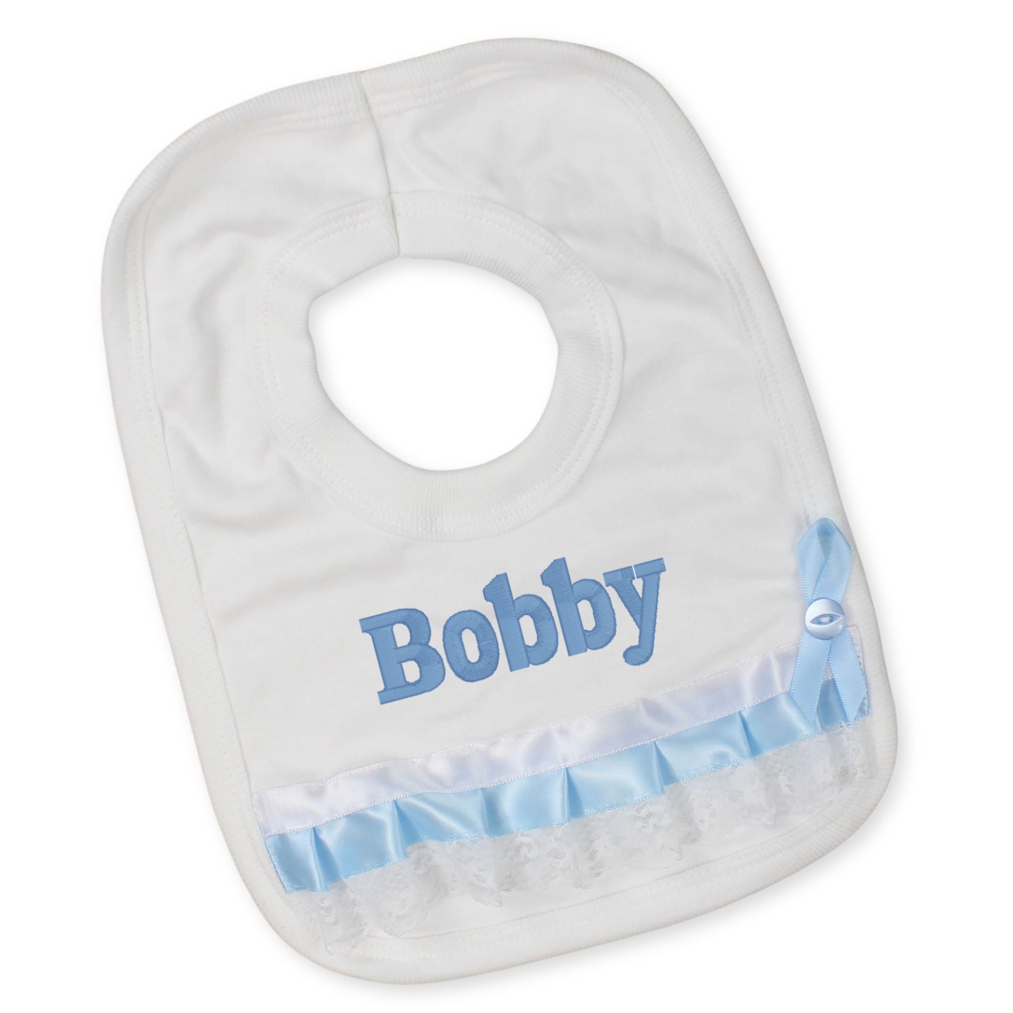 personalised bib white with blue ribbon