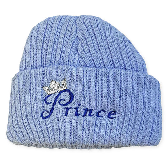 newborn baby boy beanie hat blue with prince embroidery