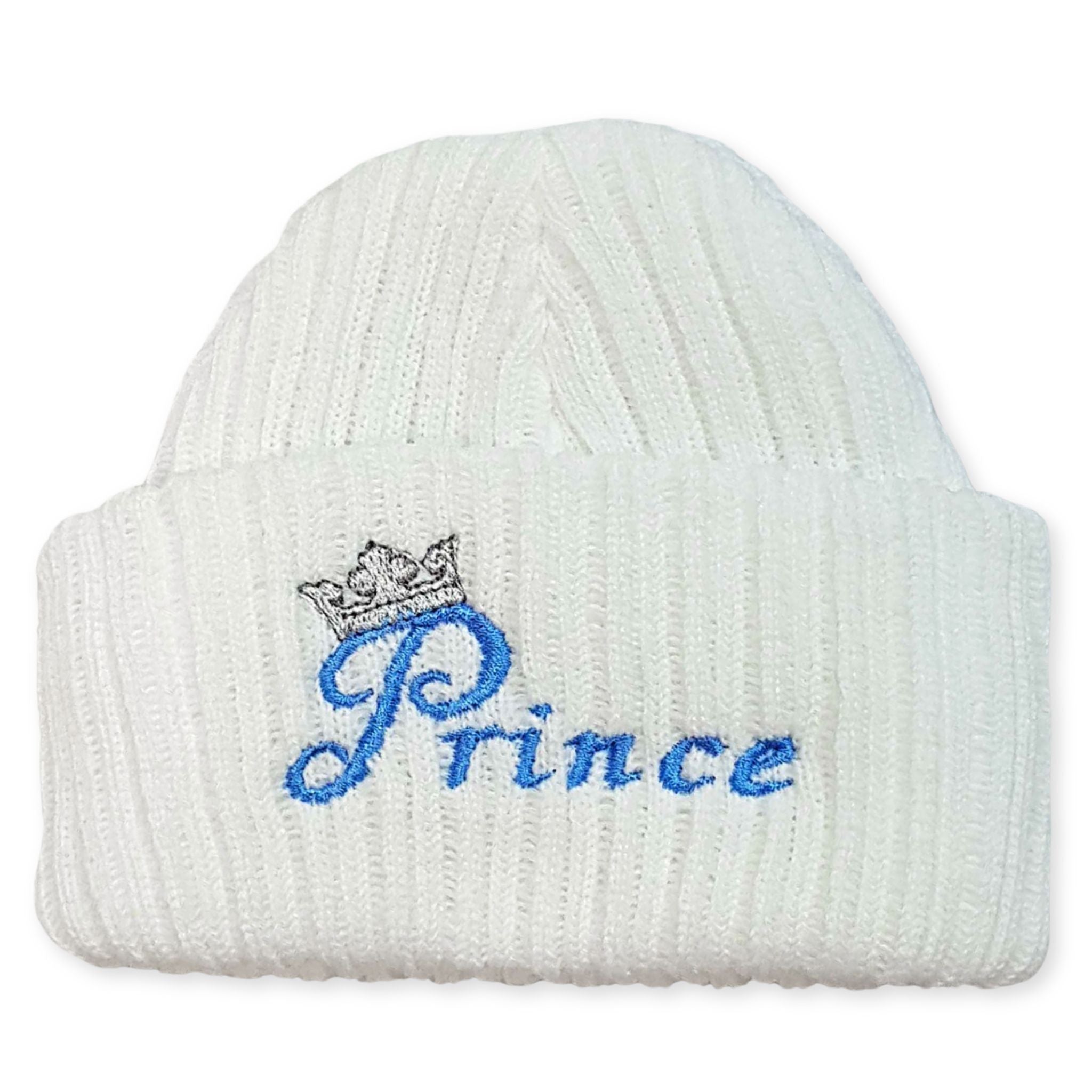 newborn baby white hat white beanie with prince embroidery