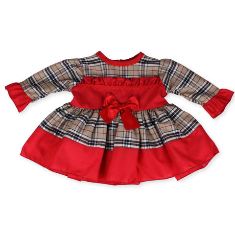 baby girl beige tartan dress with red bows