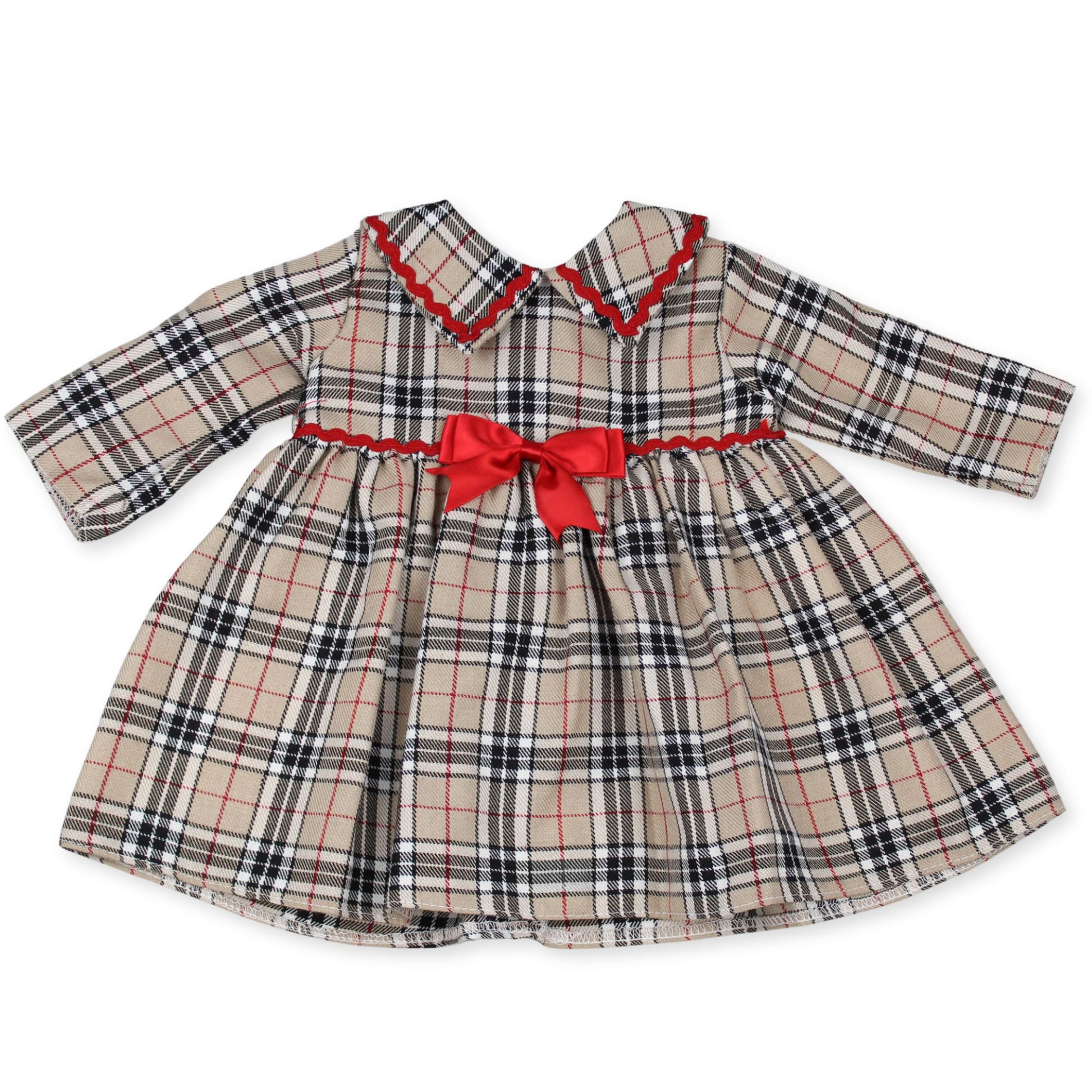 Beige tartan baby dress red bow