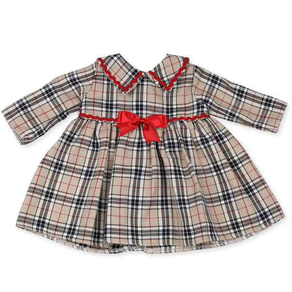 Beige tartan baby dress red bow