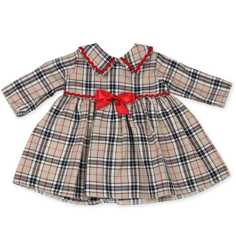 Beige tartan baby dress red bow