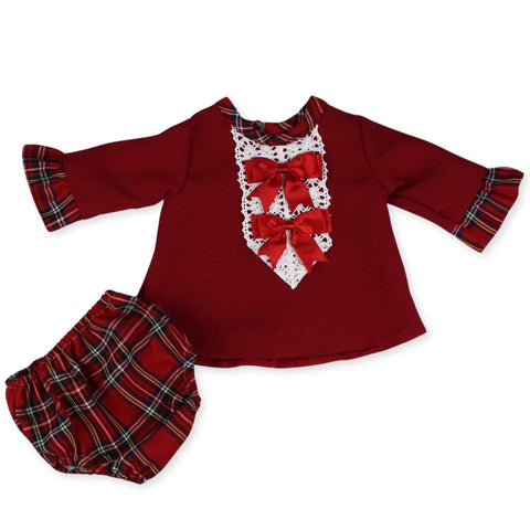 red and white two two piece outfit with two bows