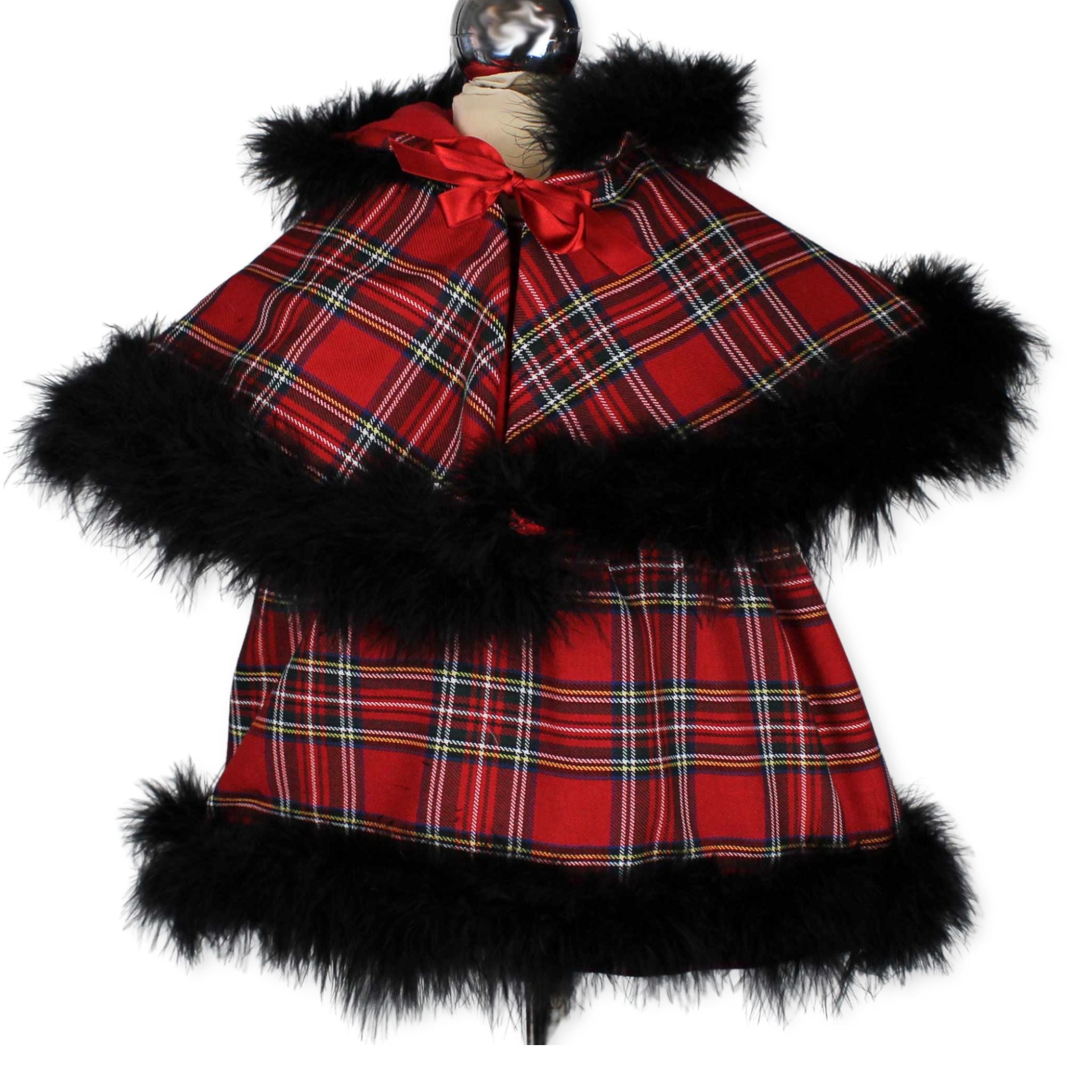 baby girls red tartan dress and cape with marabou feathers