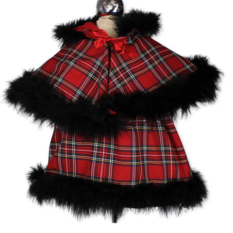 baby girls red tartan dress and cape with marabou feathers