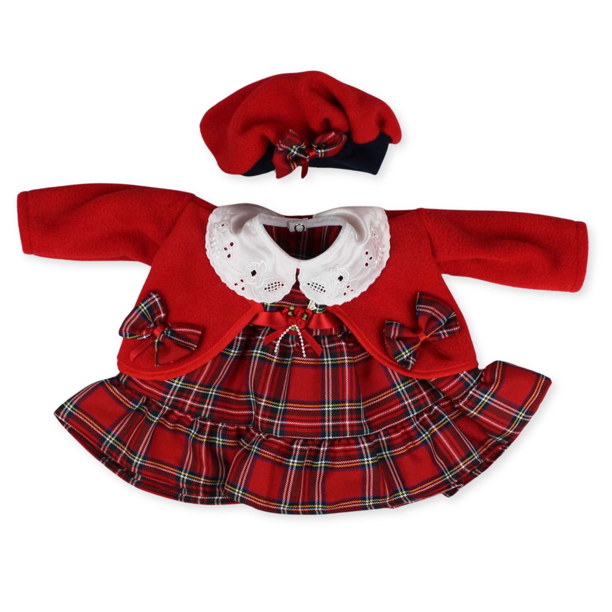 baby girls 3 piece outfit beret jacket and red tartan dress 