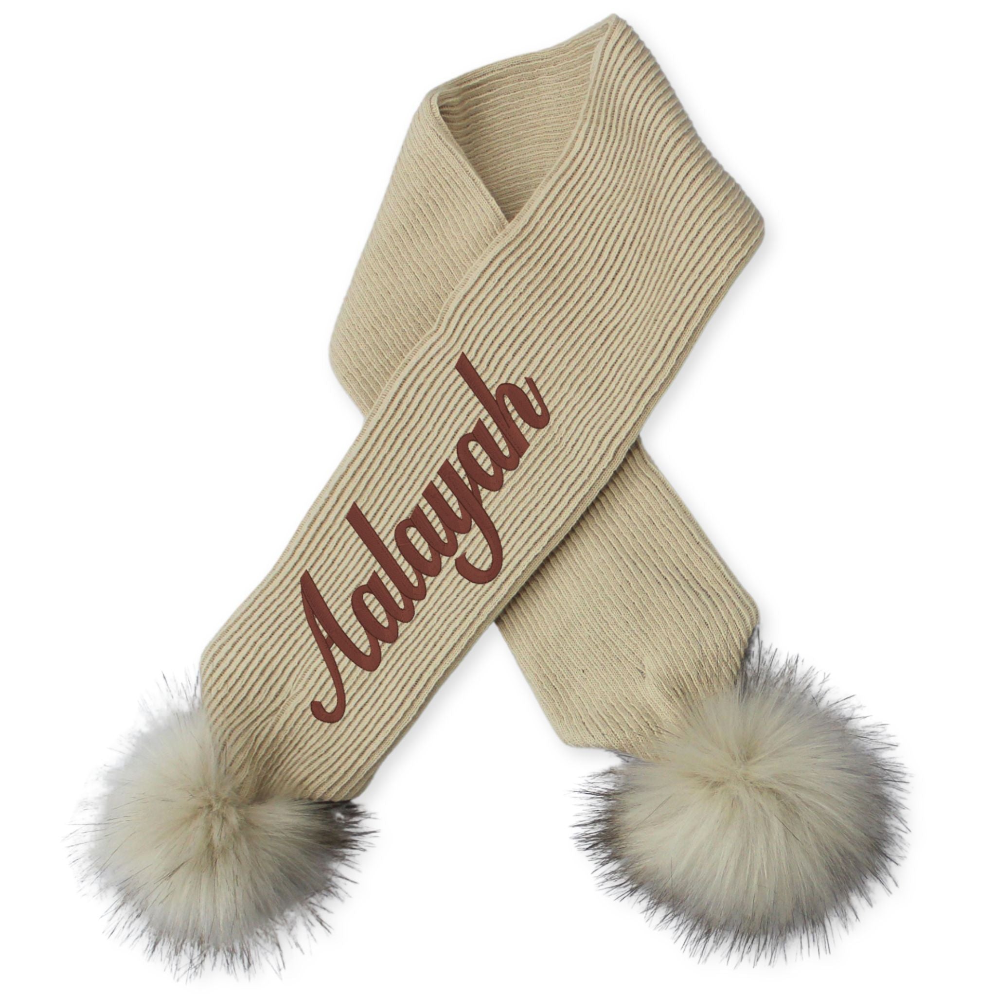 beige scarf with pom poms custom name