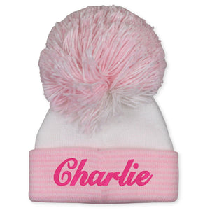 baby girls custom name pom hat in white and pink