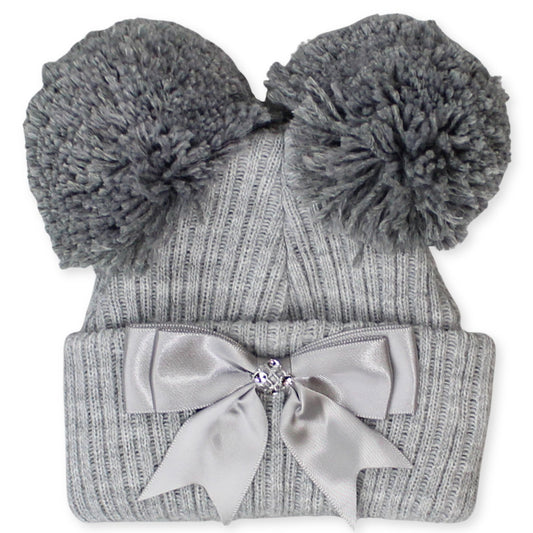 grey pom pom bow hat