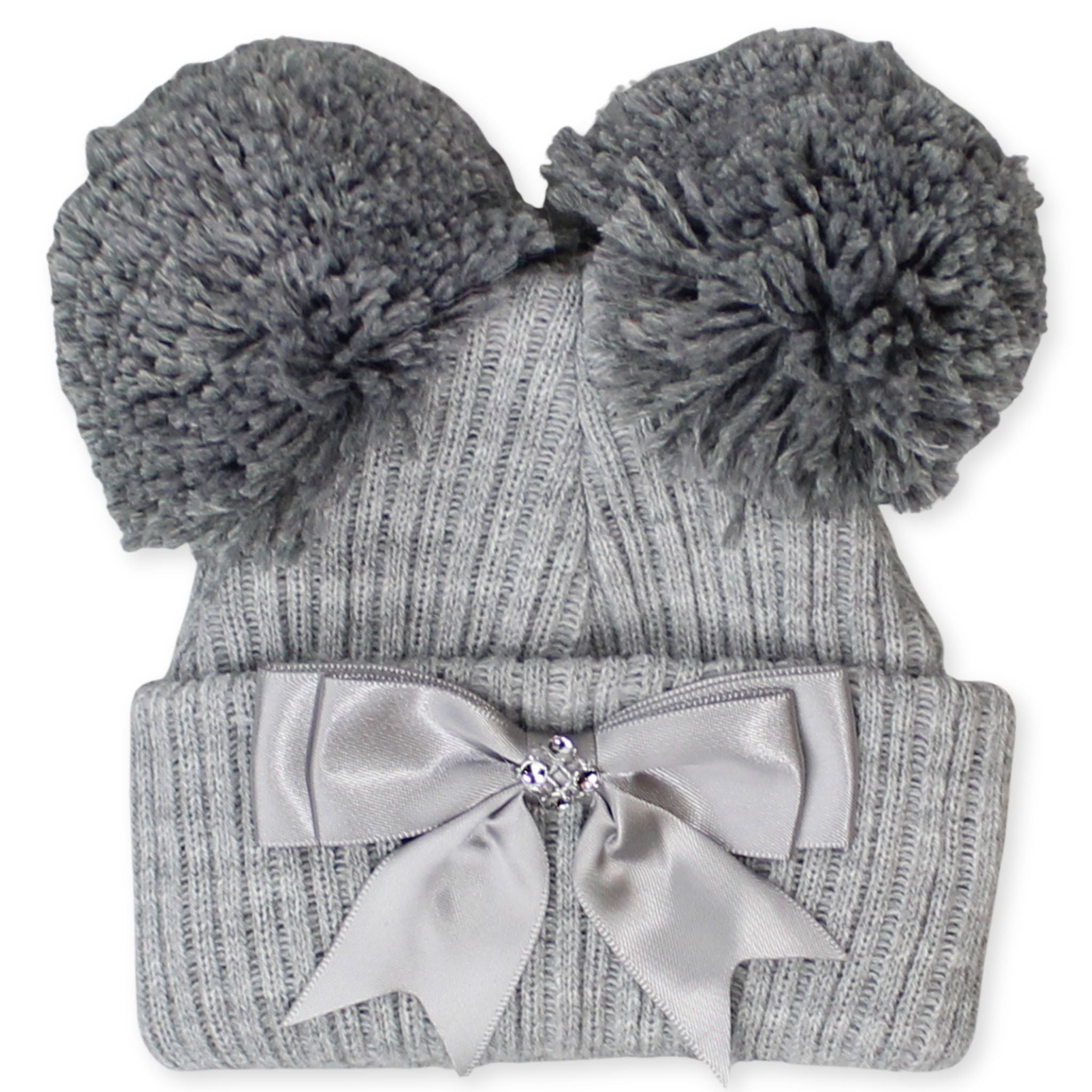 grey pom pom bow hat