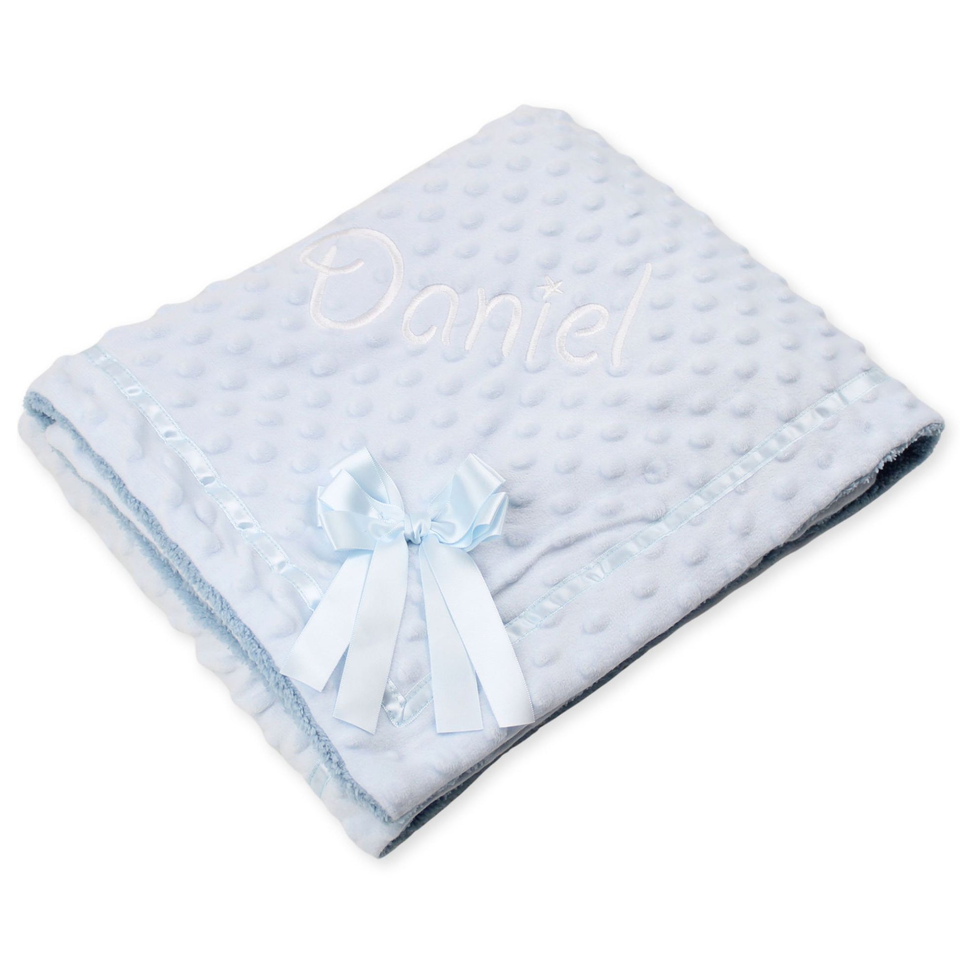 personalised blue blanket with bow