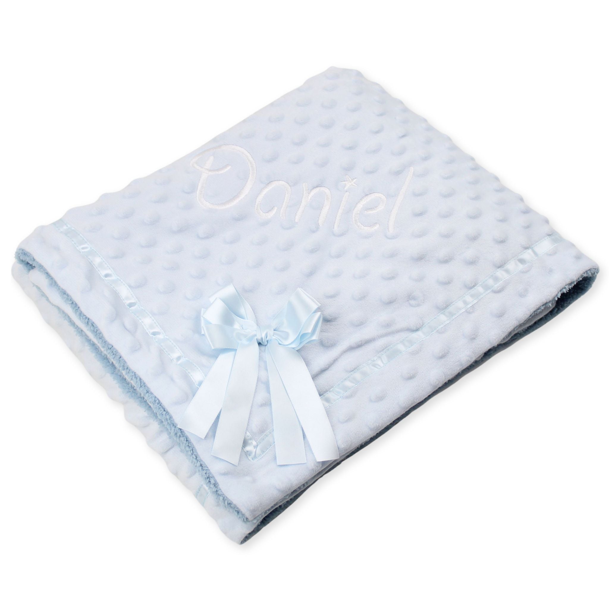 personalised blue blanket with bow