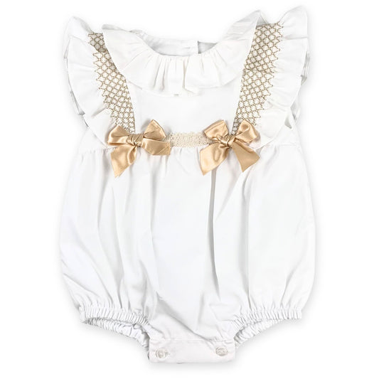 baby girls spanish style romper with gold bows in white