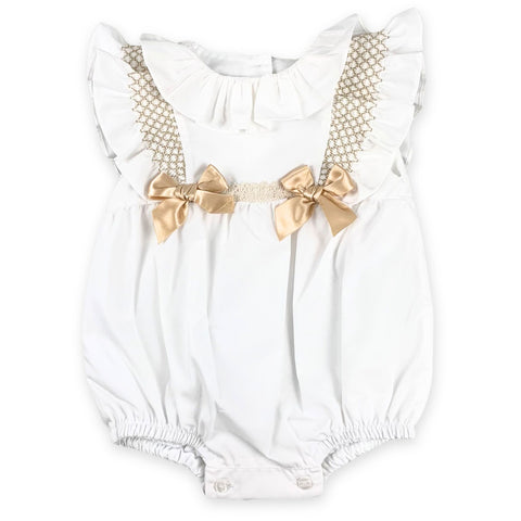baby girls spanish style romper with gold bows in white