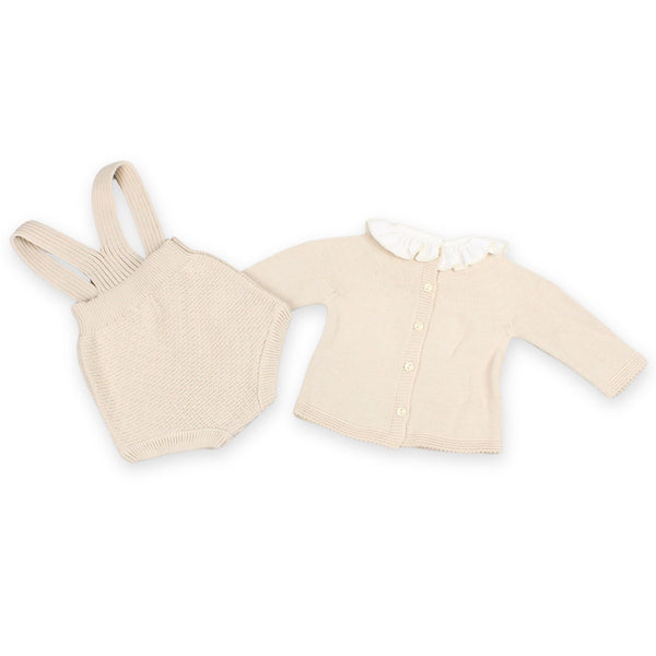 Baby Girls 2 Piece Knitted Outfit - Jam Pants and Top - Beige