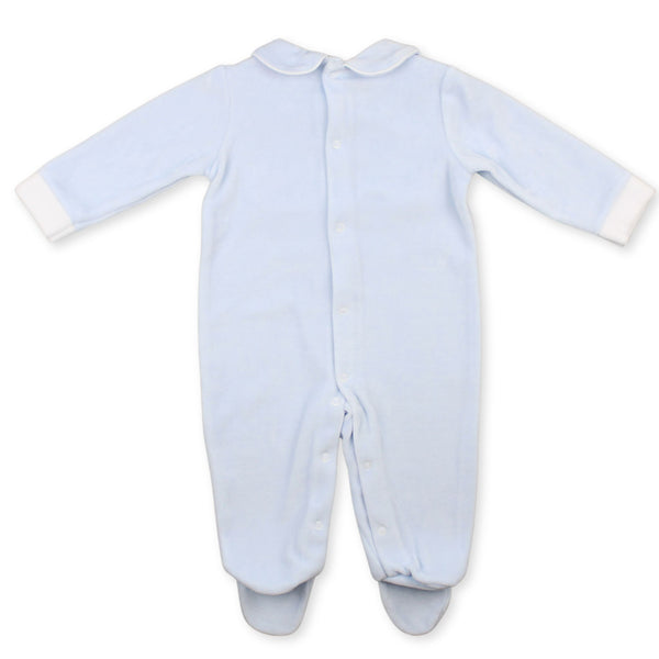 Baby Boys Blue Velour All-In-One with Peter Pan Collar – Made in Portugal