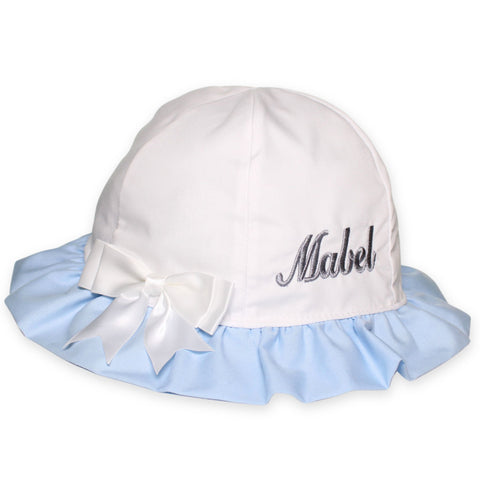 baby girl personalised sun hat white blue summer hat