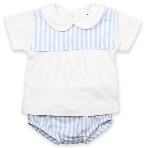 baby boys white and blue striped two piece summer outfit