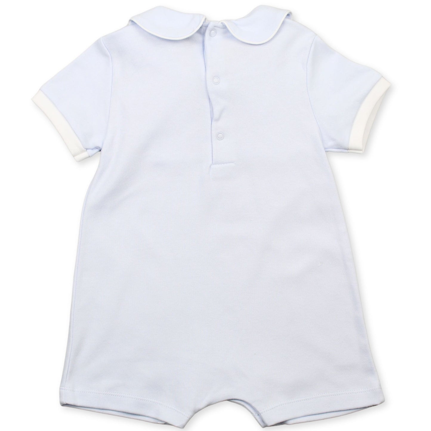 baby boys blue romper mock bib