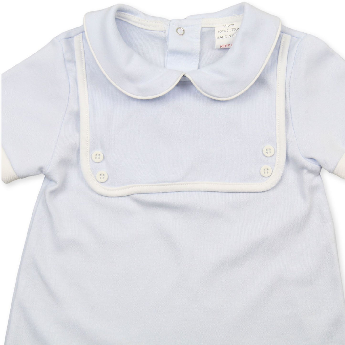 baby boys blue romper mock bib