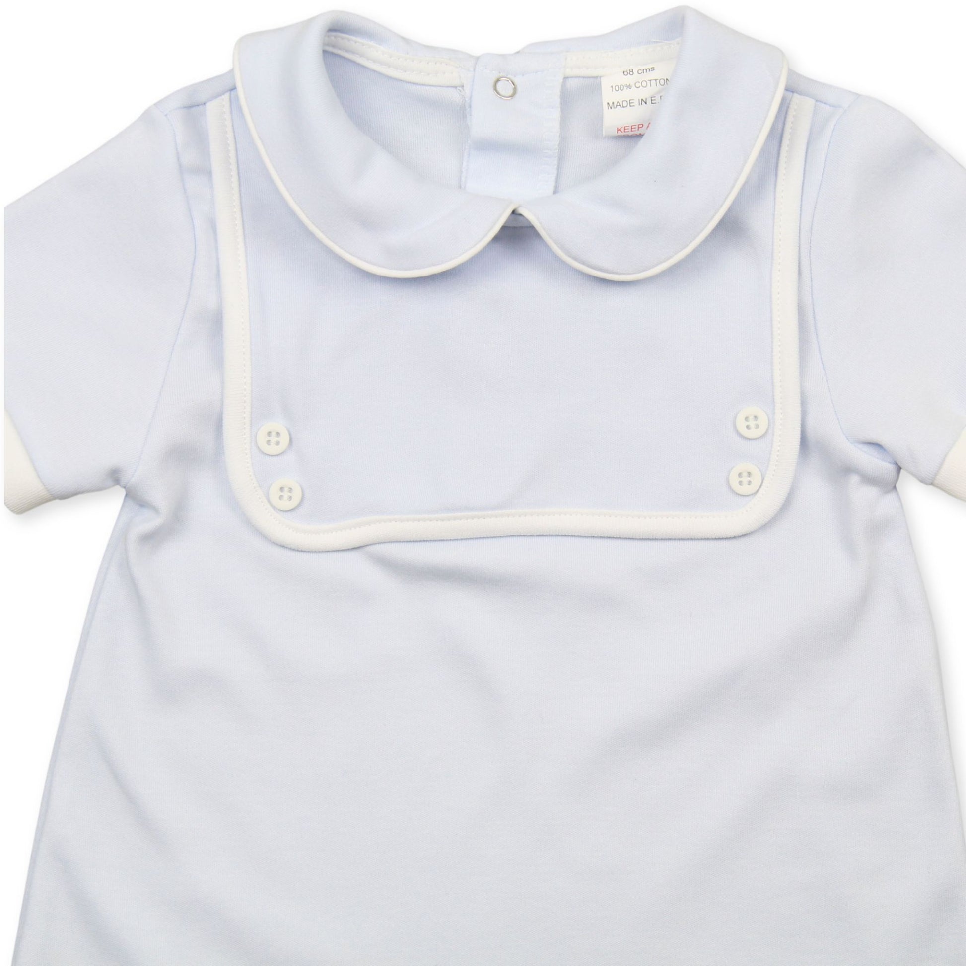 baby boys blue romper mock bib