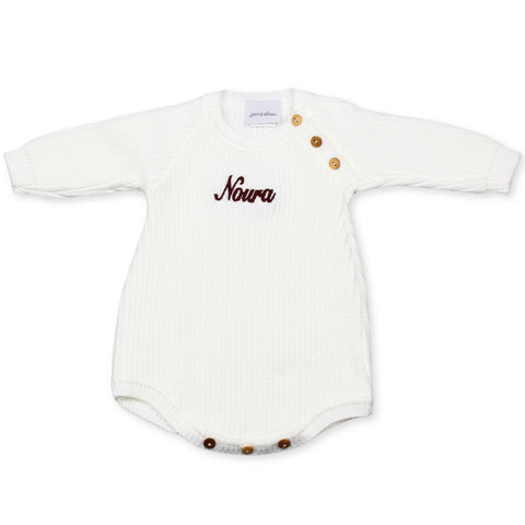 personalised knitted baby unisex romper white