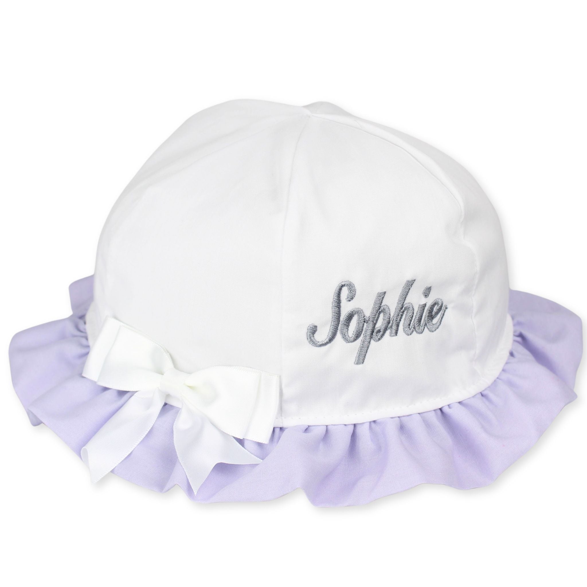 personalised sun hat baby girl white lilac summer sun hat